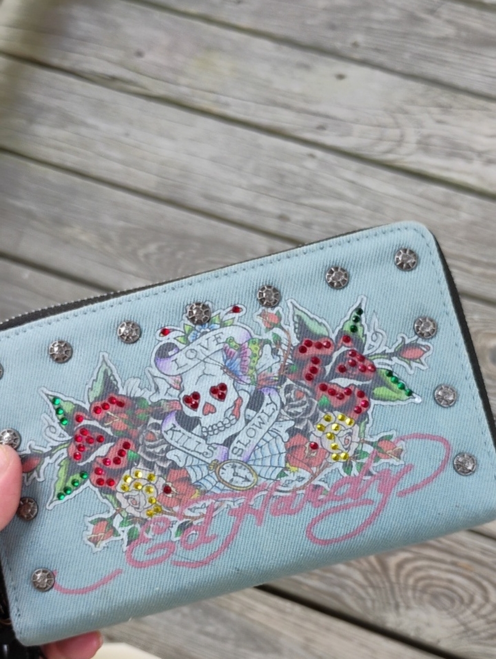 Ed Hardy Light Blue Embellished Double Zip-Around Wallet